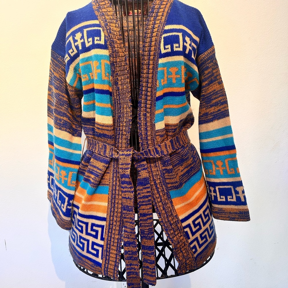 Colorful 1970’s Geometric Patterned Belted Sweater